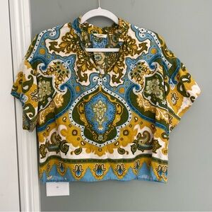 Haute Hippie V Neck Yellow Blue Paisley Floral Short Sleeve Crop Top